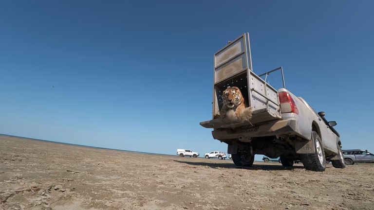 Momento en que un raro tigre de Amur es liberado en la naturaleza de Kazajistán