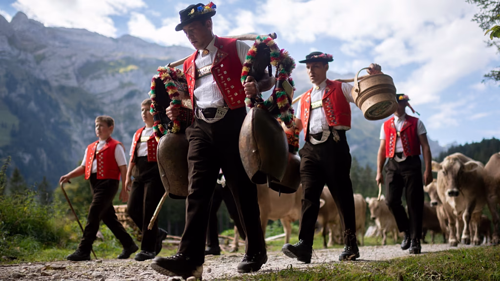 Vacas engalanadas con flores llevan la tradición alpina al festival de Gstaad